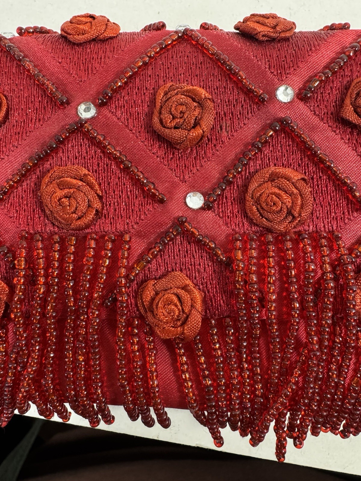 Suzy Smith Red Clutch Purse Evening Bag Fabric Rose Bead Embellished Vtg 10” R75