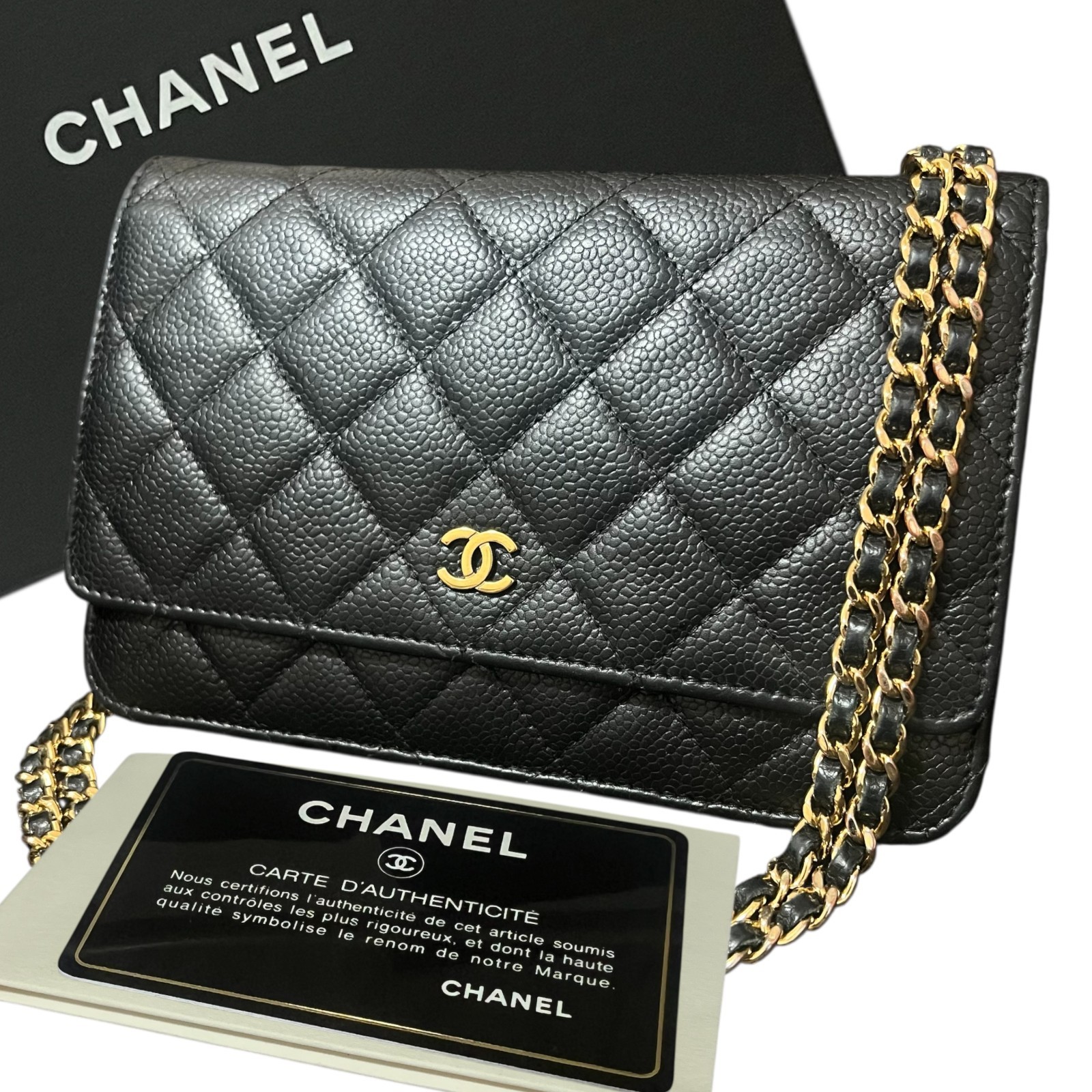 CHANEL WOC Caviar Quilted Black Wallet on Chain Crossbody Bag Authentic