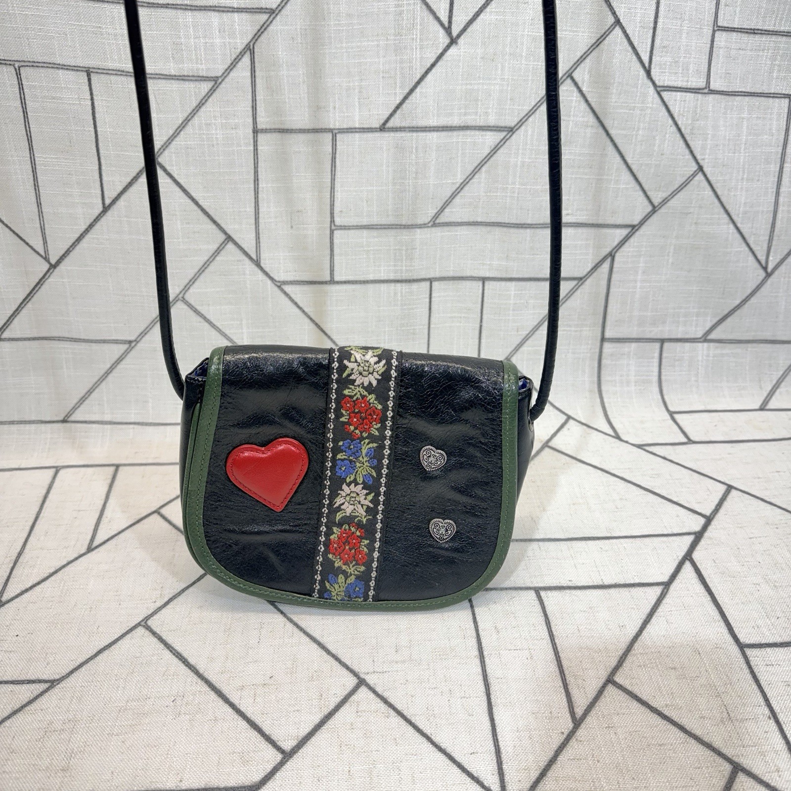 Boho Picard Embroidered Crossbody Bag Black Green Floral Heart Festival Purse