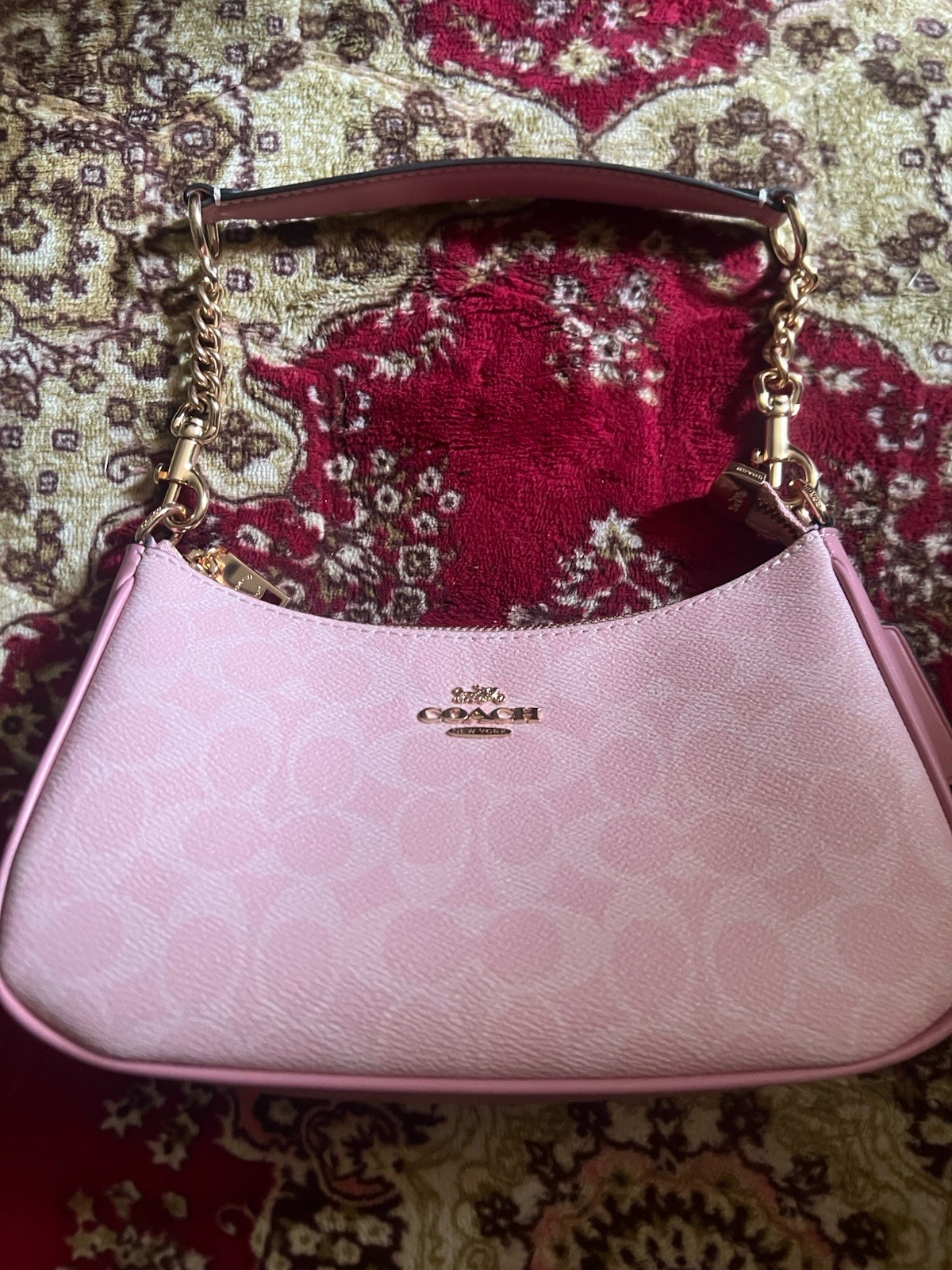 Coach Signature Pink Crescent Small Shoulder Bag Zip Gold Chain Detachable