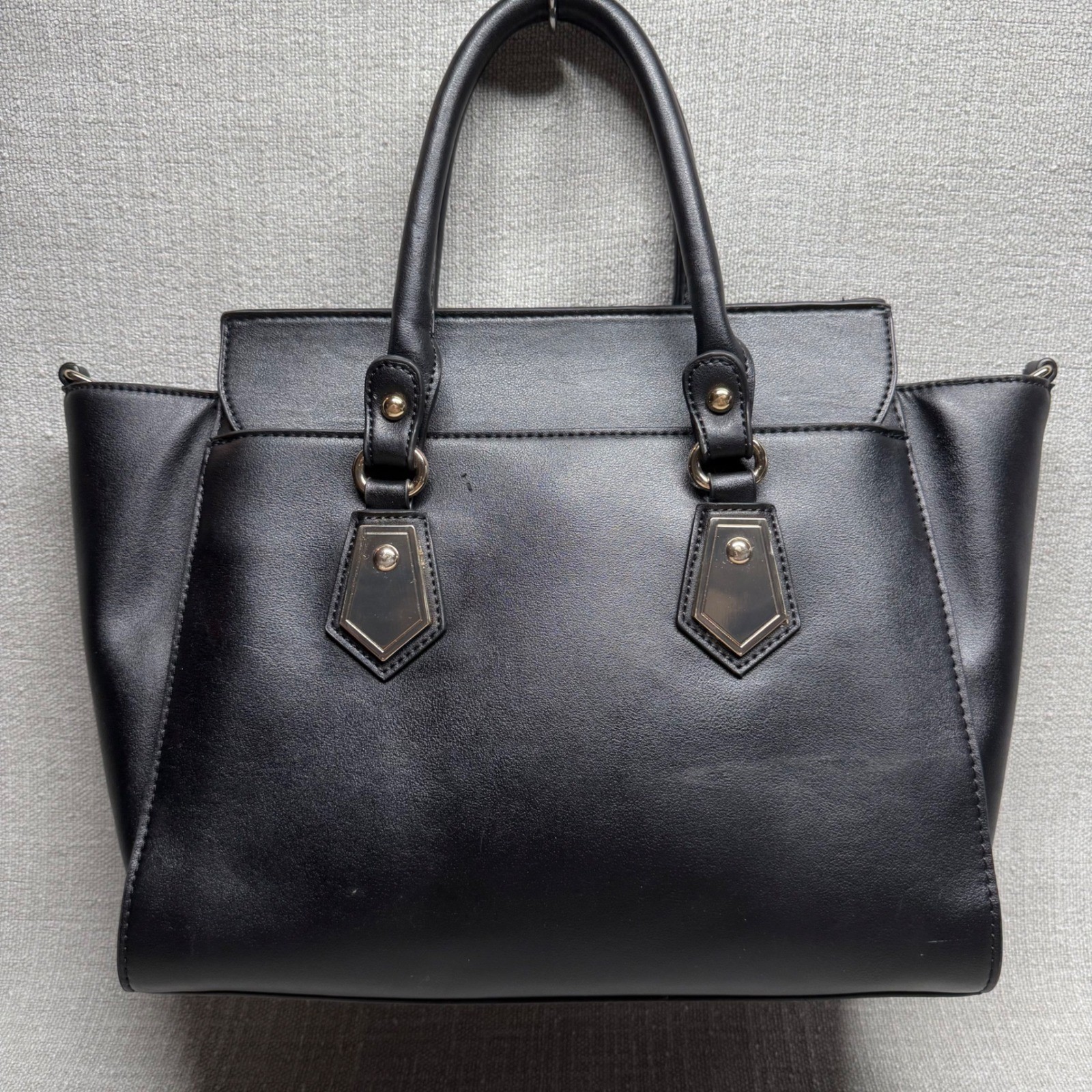 Black Faux Leather Satchel Handbag Large Tote Purse Gold Hardware Edgy Workwear