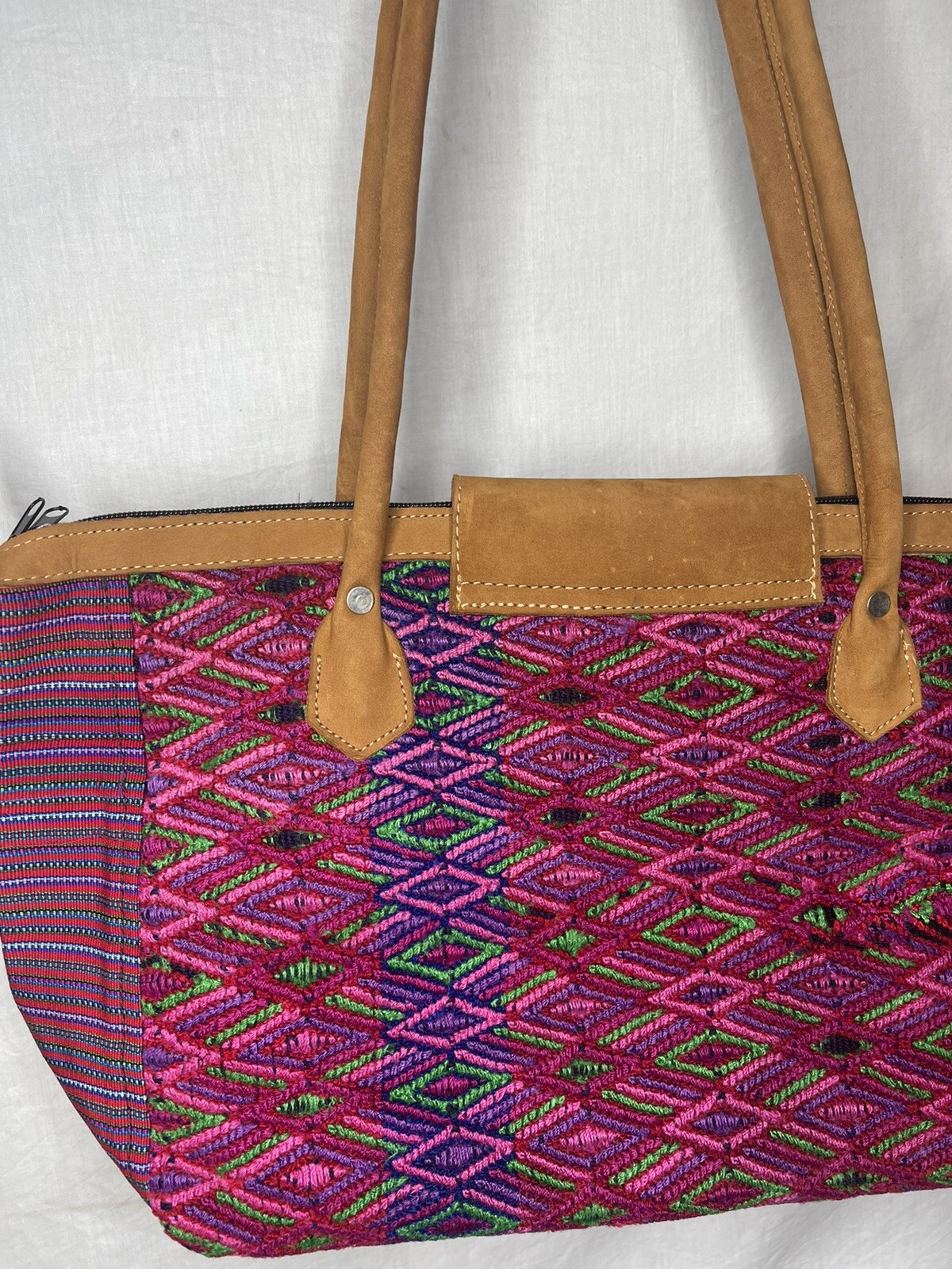 Aztec Suede Leather Tapestry Tote Handbag 45x30cm Pink Brown Diamond Design Zip