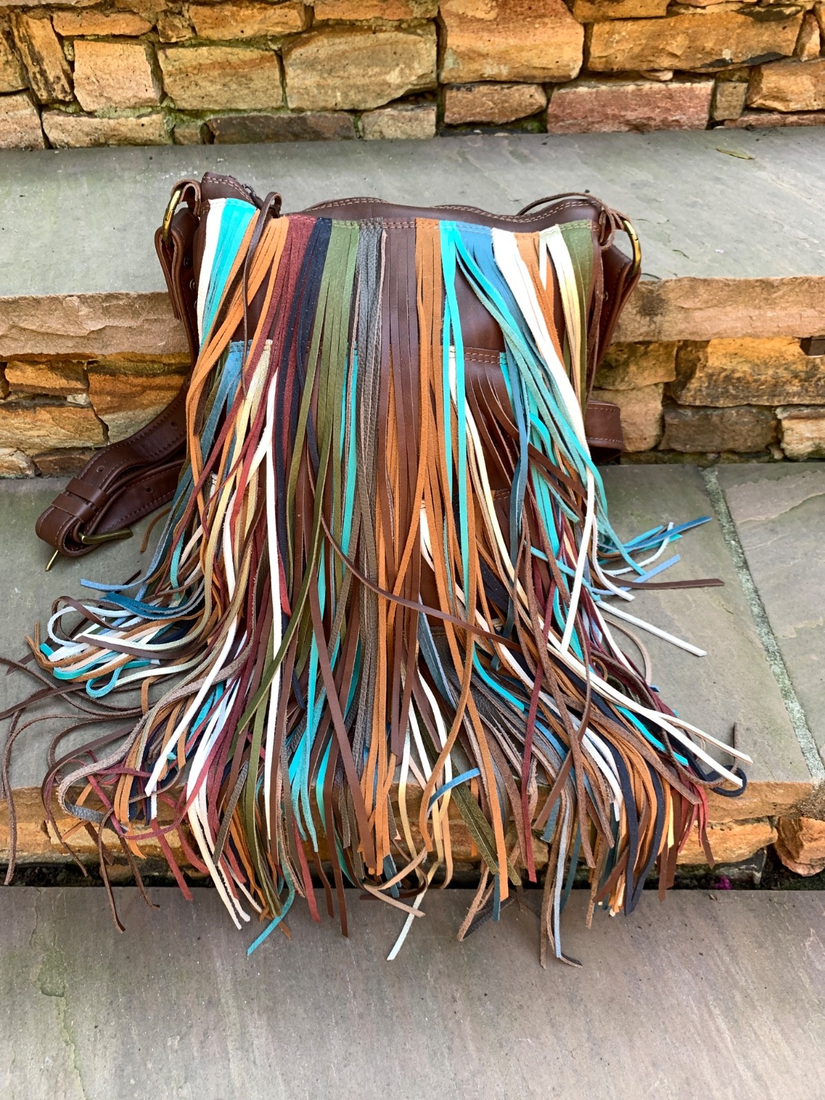 Brown leather rainbow festival boho Southwest LONG fringe crossbody bag USA