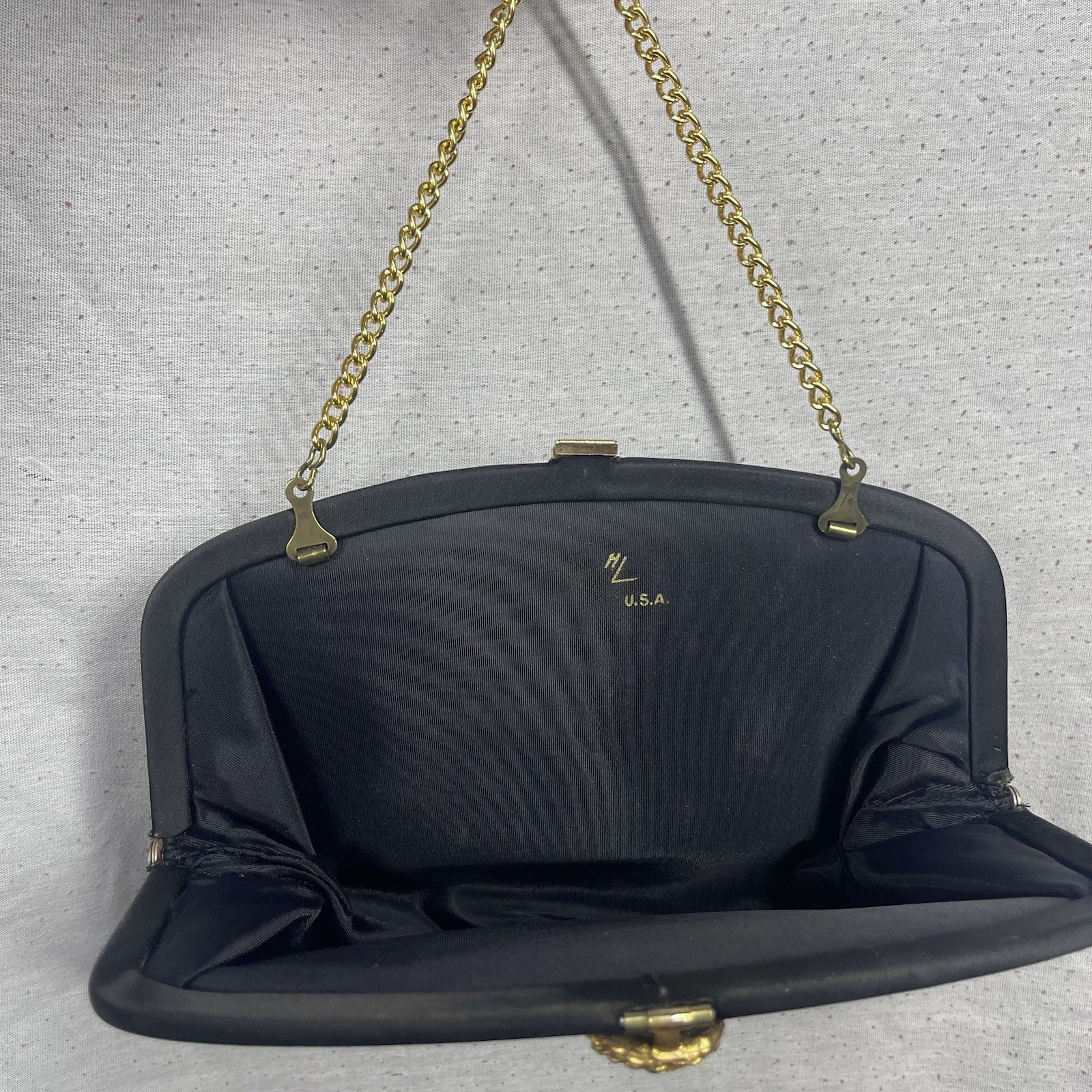 Black Satin Clutch Purse Bag Gold Knot Flip Lock Chain Old Hollywood Vintage USA