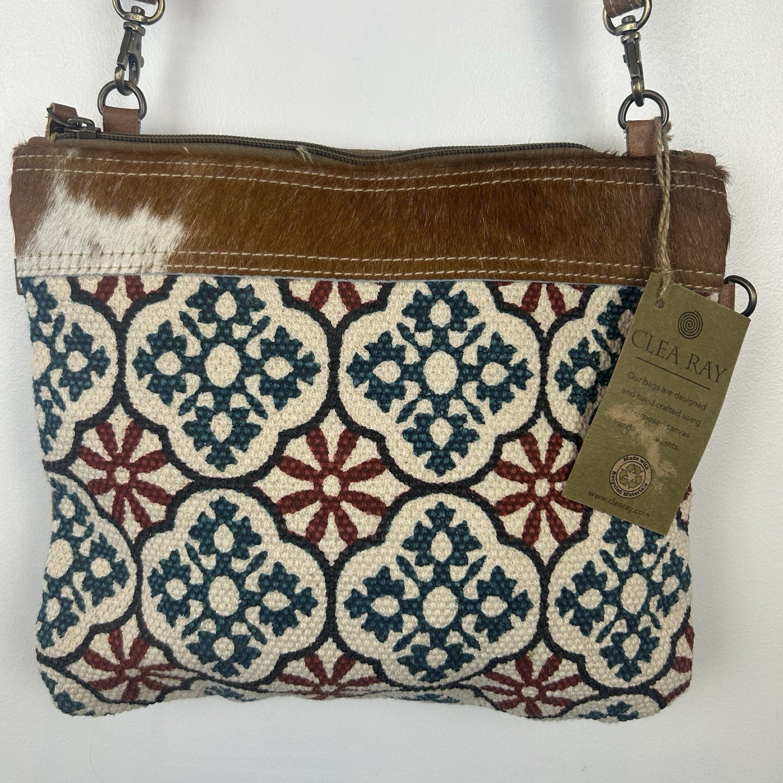Clea Ray Crossbody Purse Recycled Canvas & Woven Rug & Leather Bag New Gift