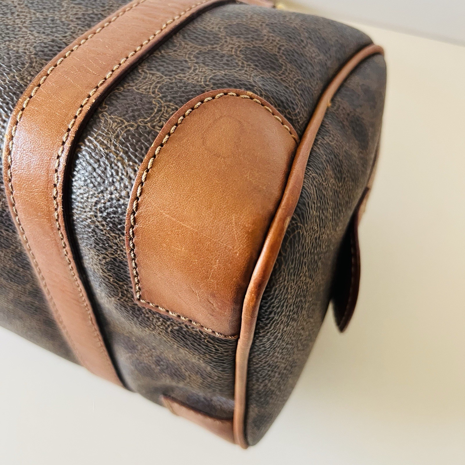 CELINE vintage Macadam Mini Boston Bag handbag Triomphe Logo Brown Leather/PVC
