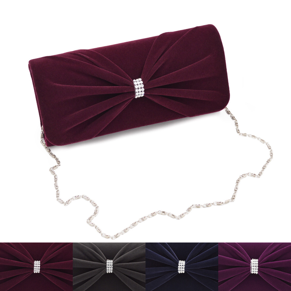 Elegant Rhinestone Bow Front Velvet Clutch Evening Bag Handbag -Diff Colors