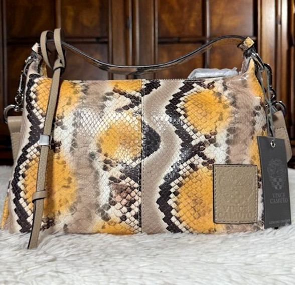 Vince Camuto Corin Crest Genuine Leather Yellow Snake Multi Tassel Crossbody Bag