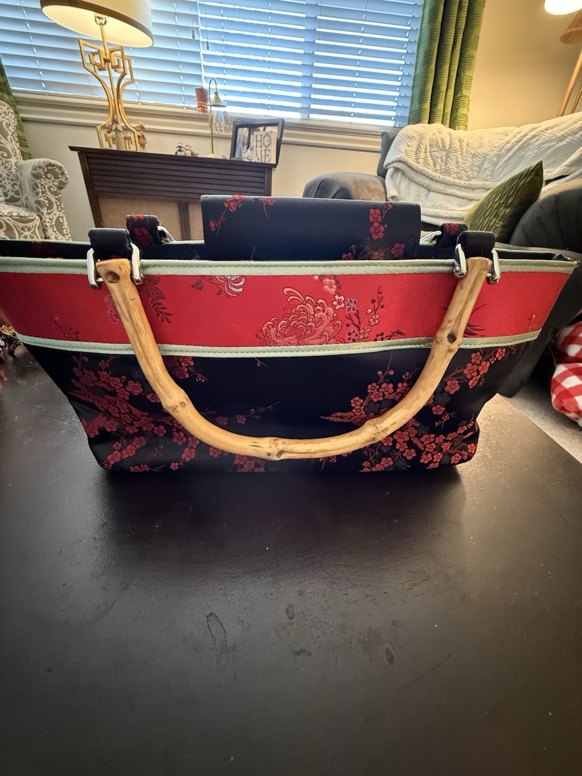 Womens Handbag Purse Oriental Brocade Fabric Yans NY Black Red Bamboo Handles