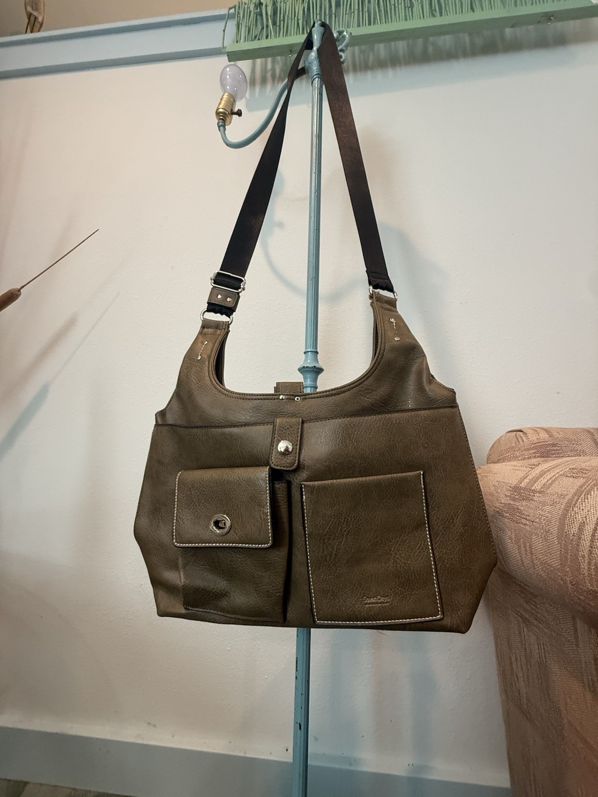 SevenDays Brown Vegan Leather Shoulder Tote Bag Slouchy Multi Pocket Pu