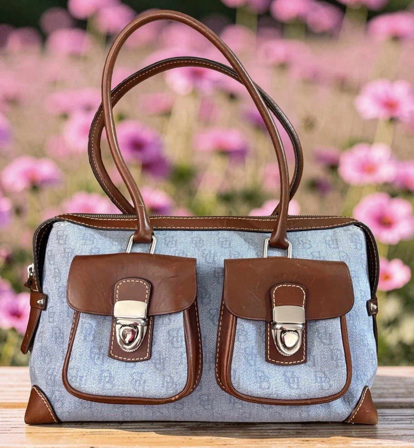Dooney Bourke Blue Denim Jeans DB Logo Double Pocket Satchel Saddle Shoulder Bag