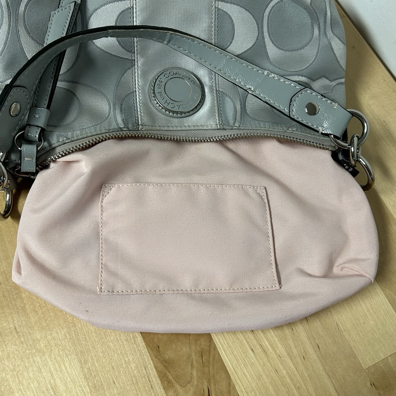 Coach Signature Sis Stripe Demi Hobo Bag Silver Metallic Sateen Vtg 2012 Hipster