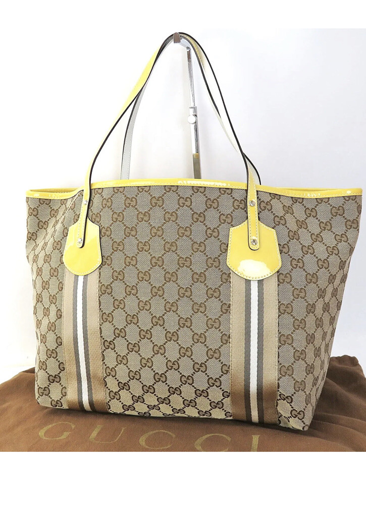 Auth GUCCI Large Jolie Tote GG Canvas Beige and Yellow Patent Leather