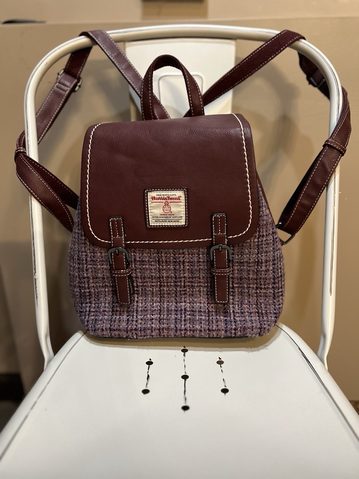 Harris Tweed Backpack Bag, hand woven. 100% pure new wool. Purple in color.
