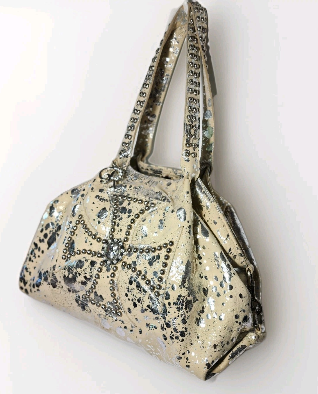 CRYSTALS RAVIANI TOTE EMBELLISHED 3D CROSS ON CREAM SUEDE W SILVER SPLASHES $545