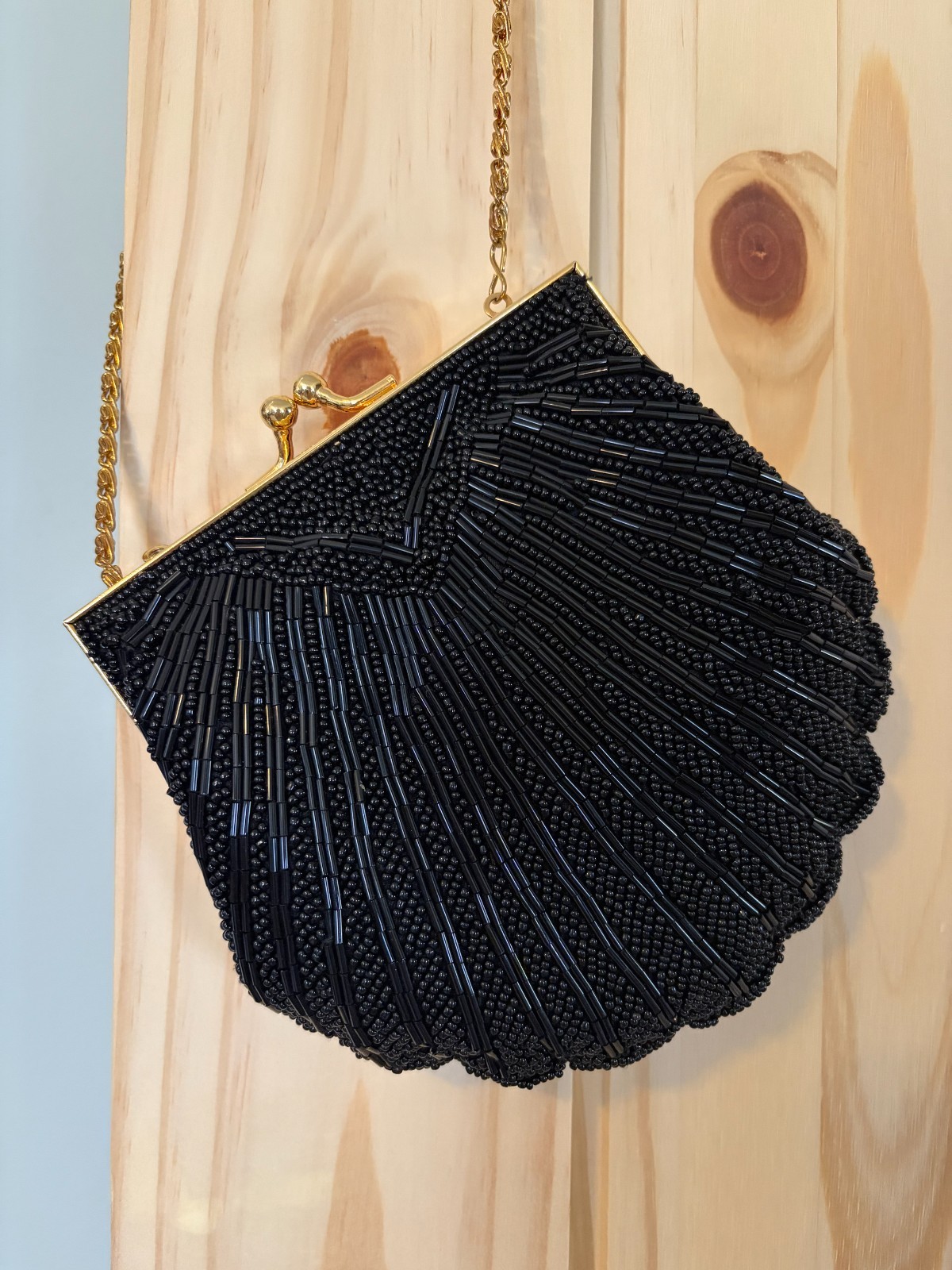 Valerie Stevens Black Evening Handbag Sequins Shell with Gold Strap
