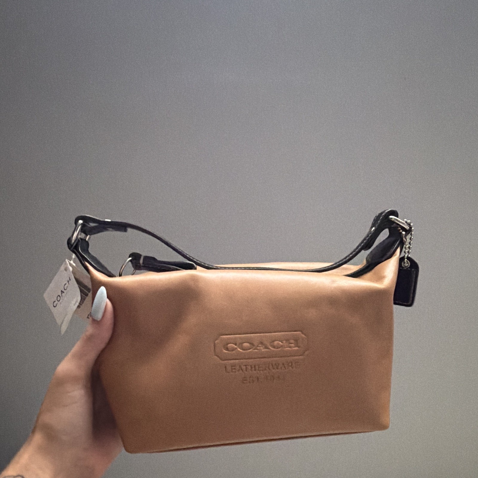 Coach Factory Tan Small Baguette Shoulder Bag Zip Top Dark Brown Strap Silver HW