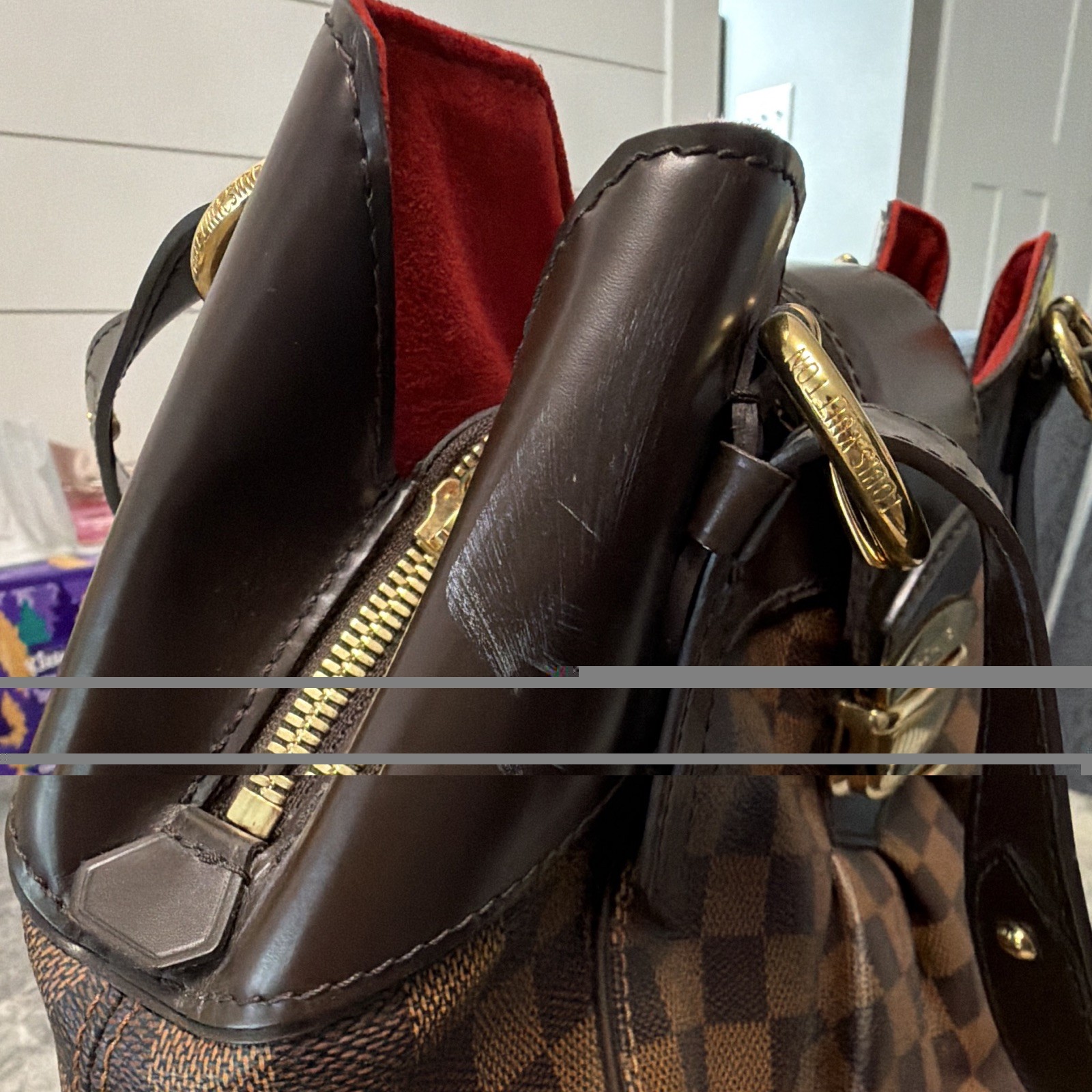 Louis Vuitton Damier Ebene Brown Medium Shoulder Bag Zip/Buckle, Gold, Red