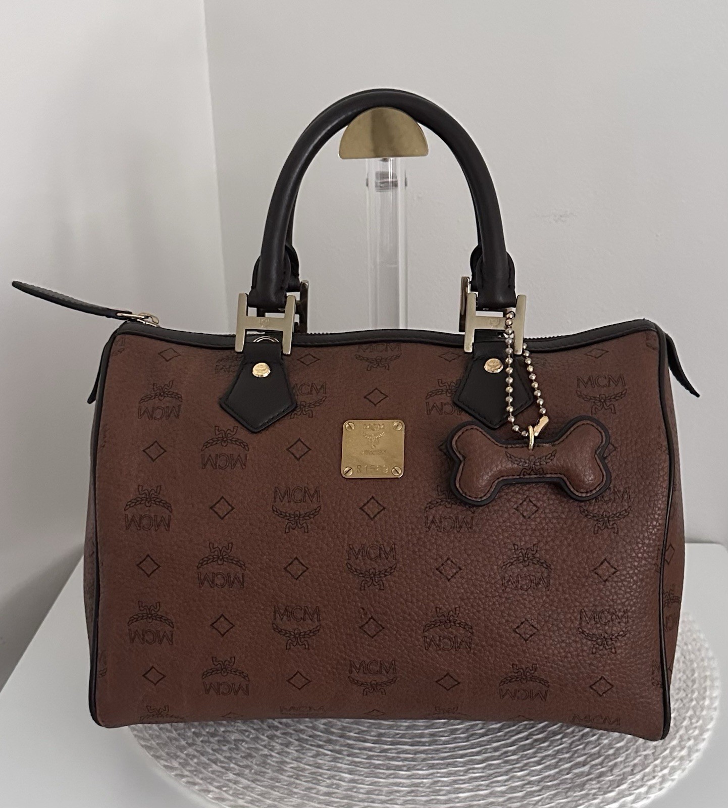 AUTHENTIC MCM Brown Visetos Boston Speedy Satchel Luxury 30 Handbag Bone Charm
