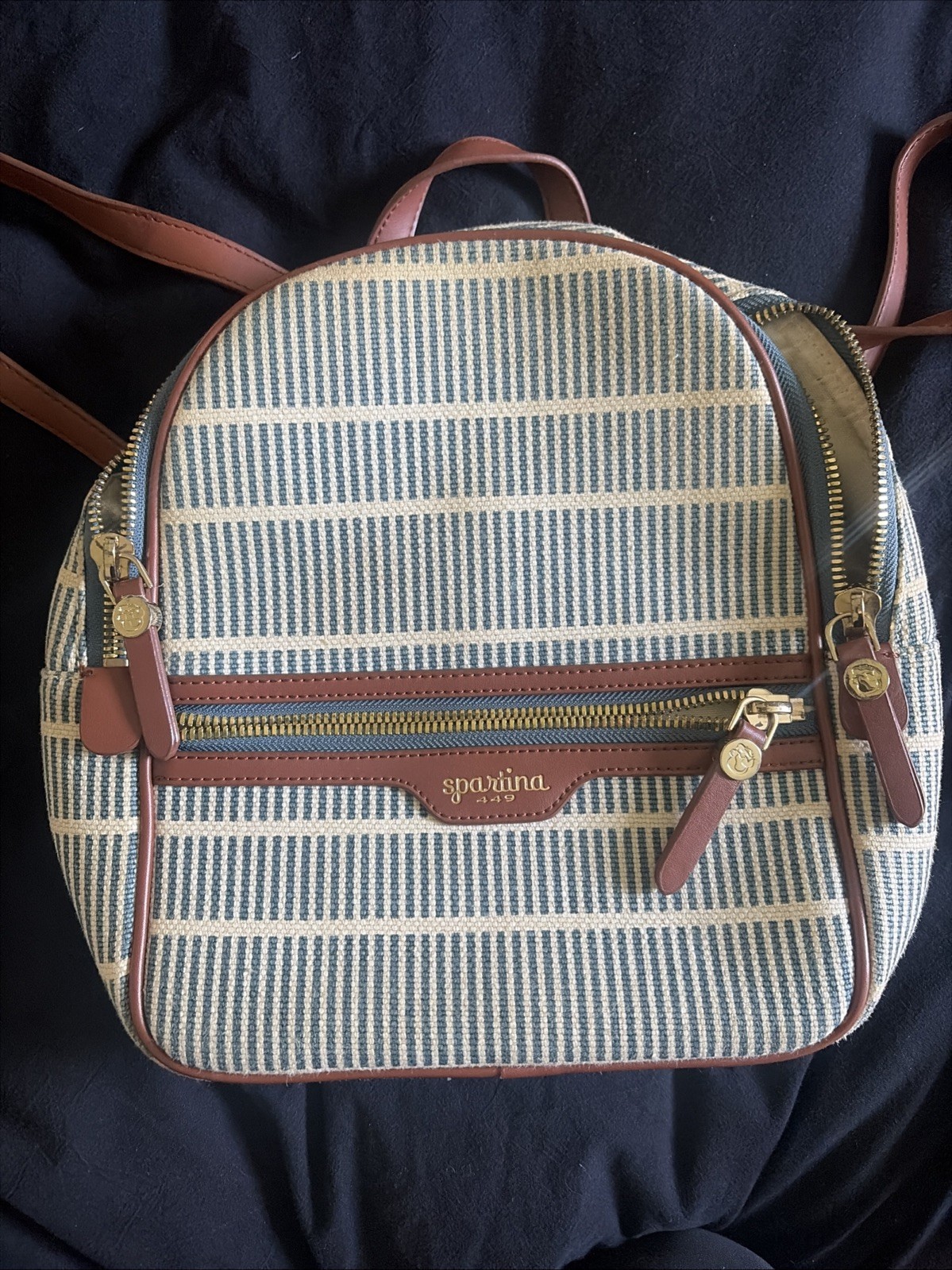 Spartina 449 Tidalholm Chloe Backpack Bag Blue Tan Canvas Leather Trim EUC