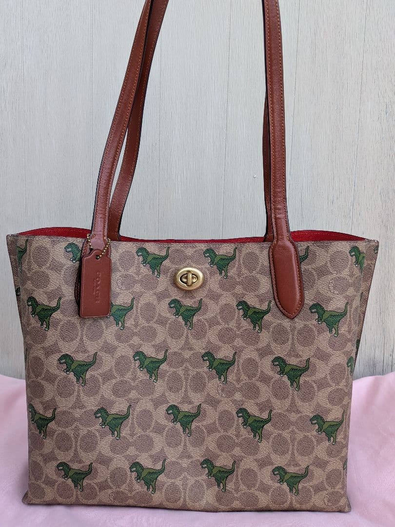 Authentic COACH Dinosaur Lexie Tote Bag Brown Green Red Signature Canvas 27.5cm