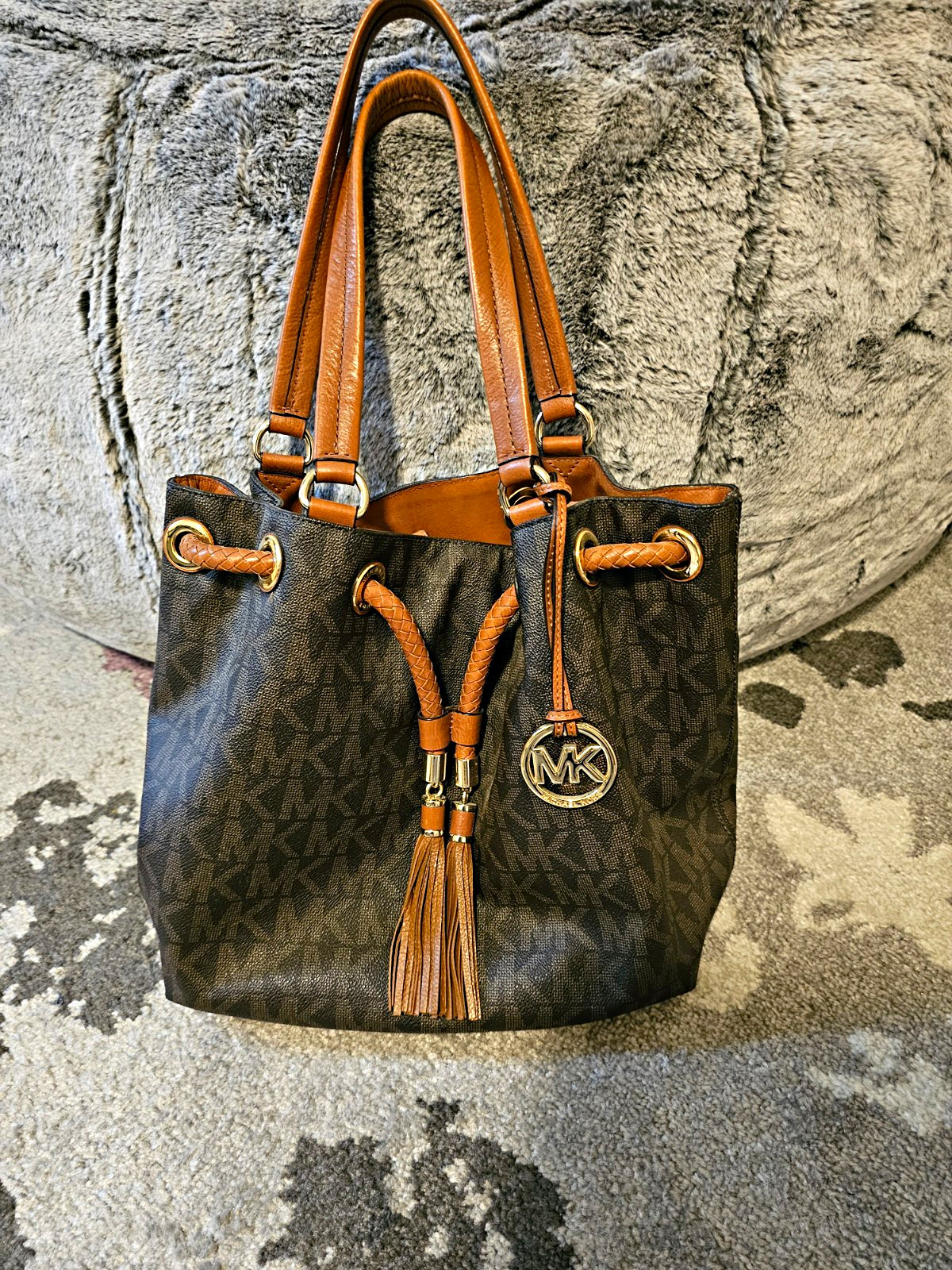 Michael Kors Brown MK Monogram Bucket Drawstring Bag w Tassel Charm