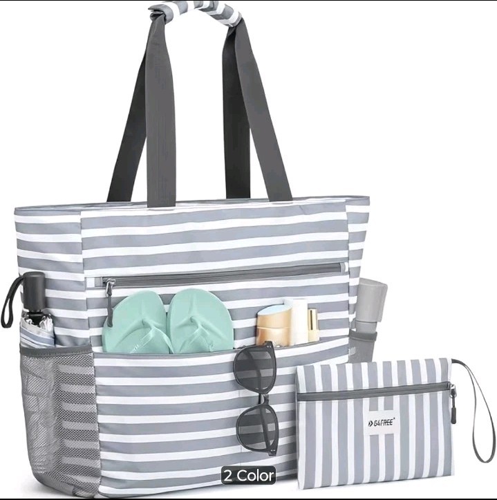 Women’s Gray/White Striped Beach Tote, Zip Closure, Adjustable Strap + Pouch