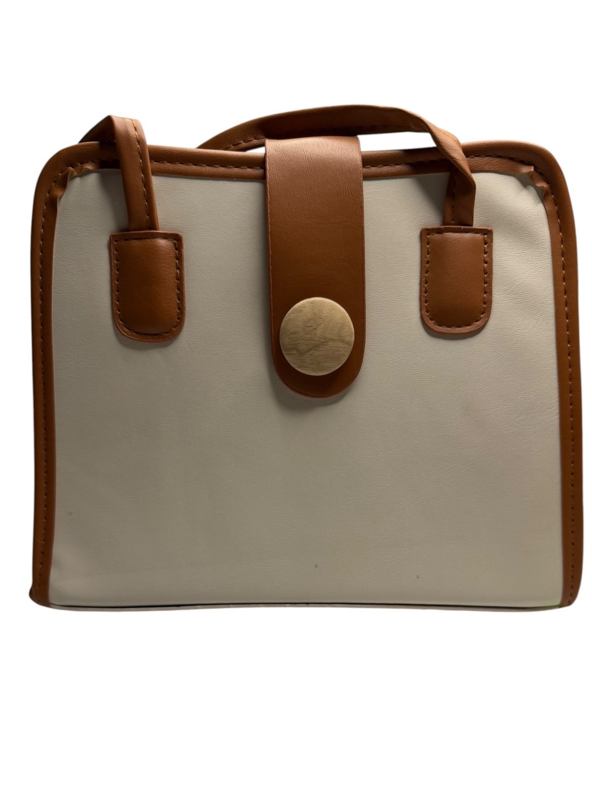 Two-Tone Handbag With Light Brown Trim & Button Accent Snap Front Closure