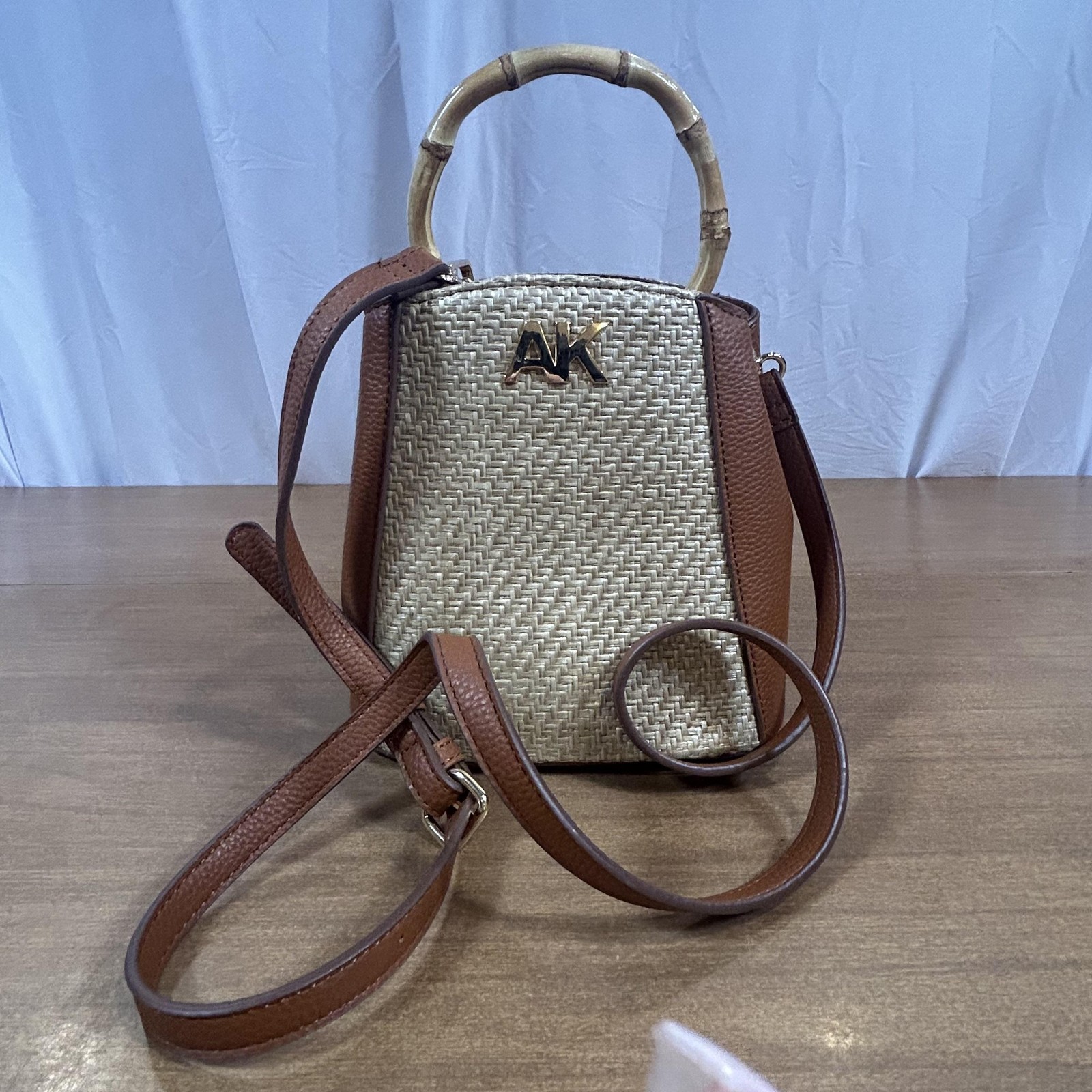 Anne Klein Top Handle Bag Womens Small Beige Straw Brown Bamboo Crossbody Purse