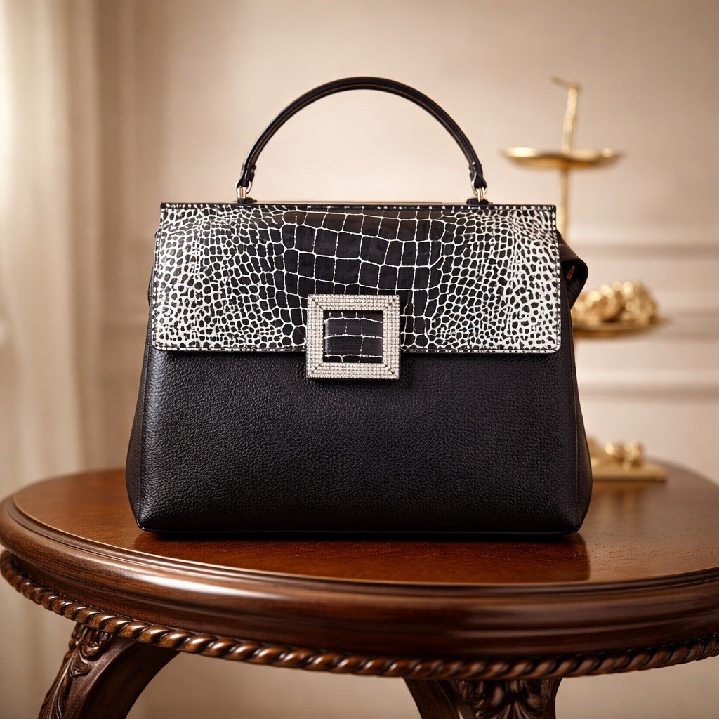 Raviani Genuine Top Grain Black & Crocodile Leather Ladies Doctor Bag W/Crystals