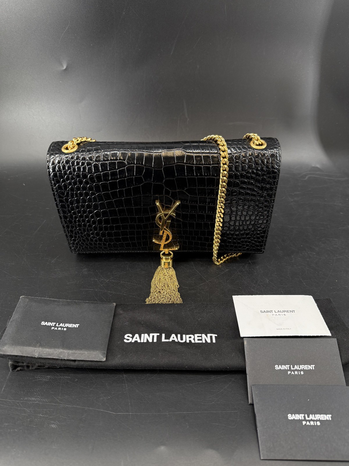 Saint Laurent Kate Tassel Chain Black Croc Embossed Bag Dust Bag