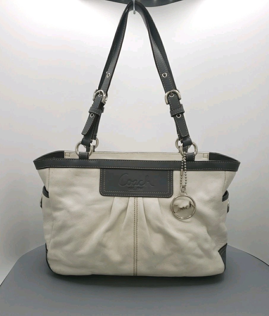 Coach Gallery Leather Shoulder Tote Bag Ivory Cream Gray Purple F13759 Pleated