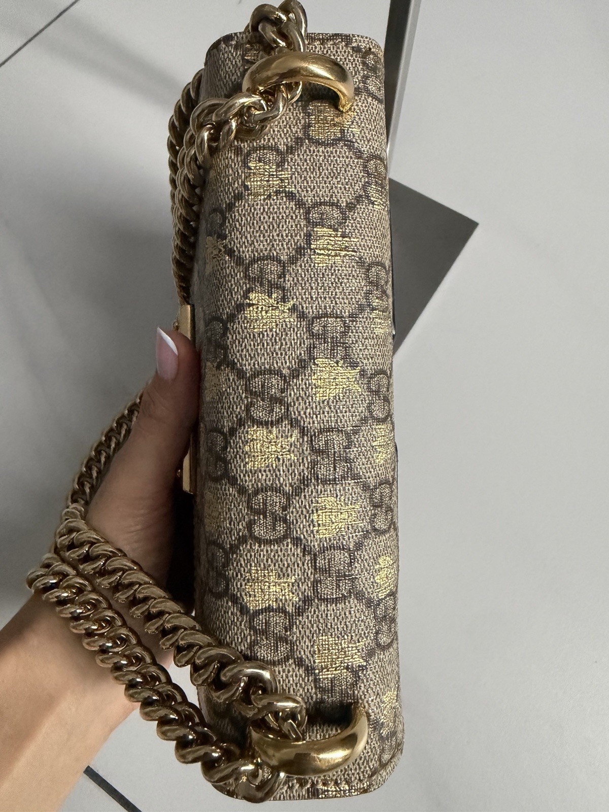 Gucci GG Monogram Shoulder Bag Beige/Black Chain Strap Push Lock Gold HW