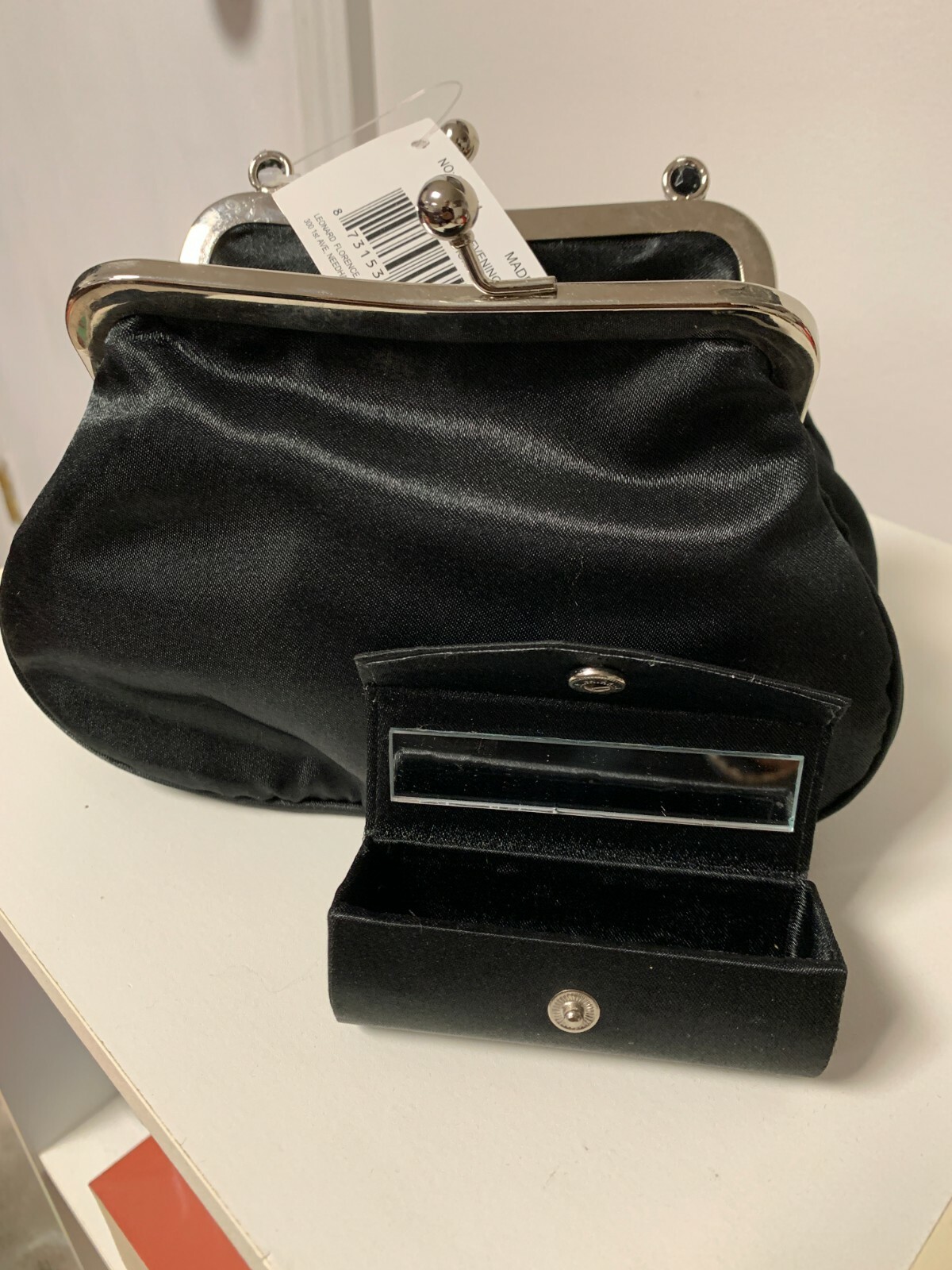 BLACK SATIN EVENING BAG WITH LIPSTICK CASE WITH MIRROR