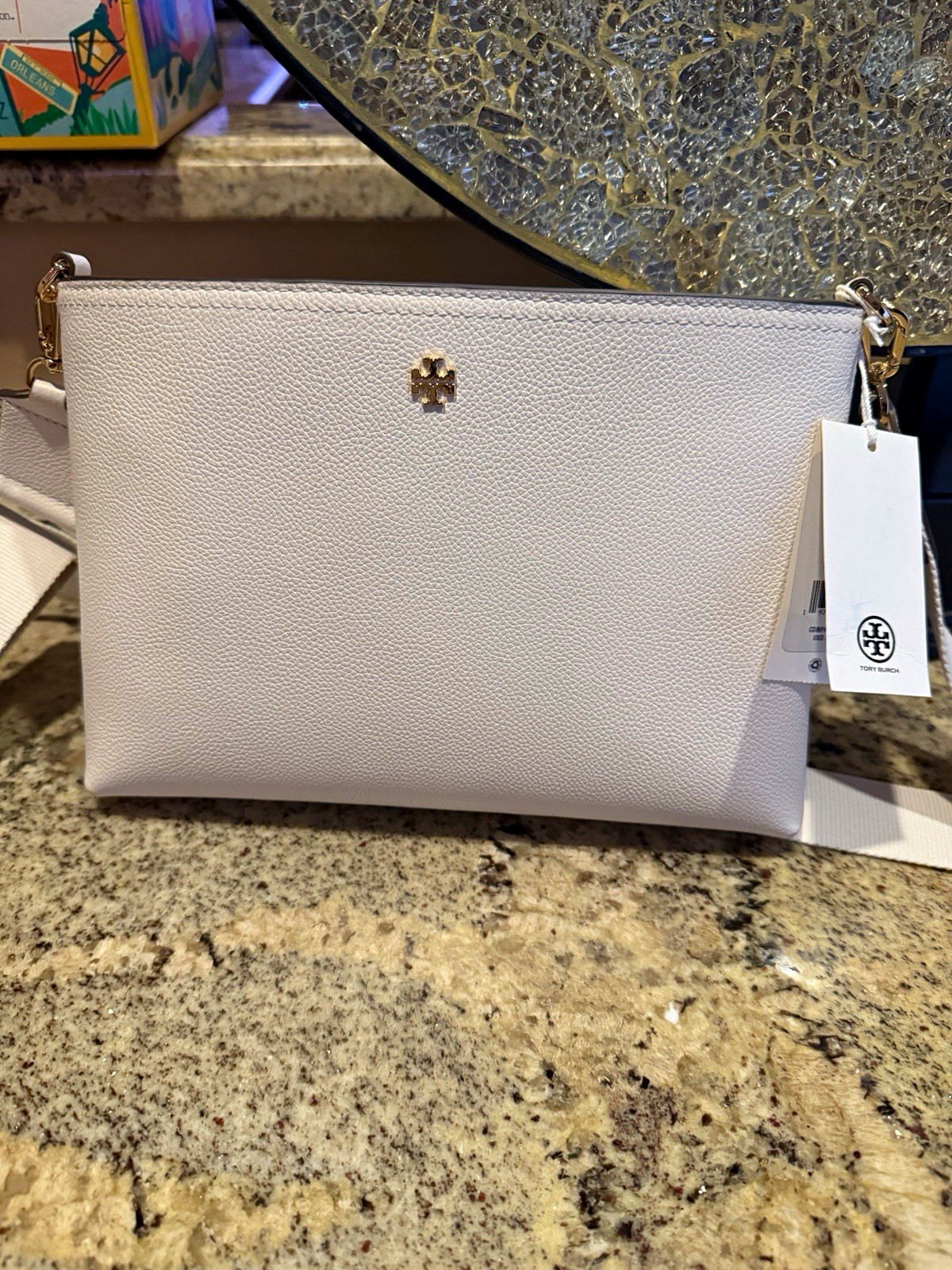 Tory Burch Ivory Small Pebbled Crossbody Bag Zip Gold Logo Adjustable Strap