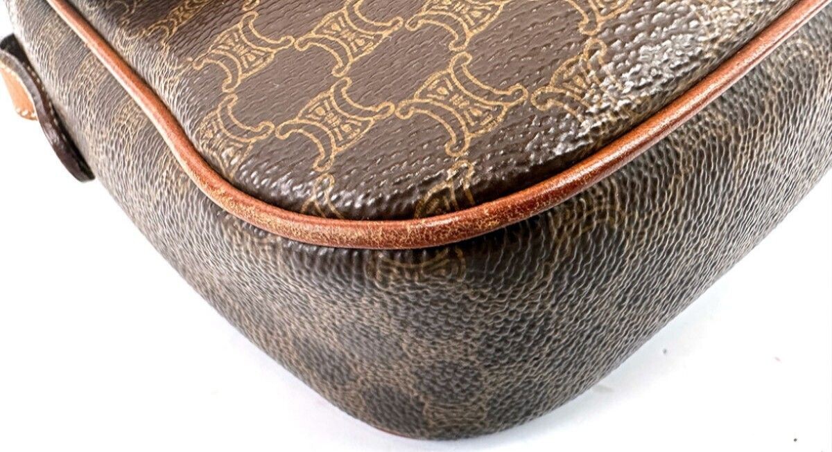 Celine Macadam Brown PVC Leather Shoulder Bag Gold Buckle Women 16cm 6.3in