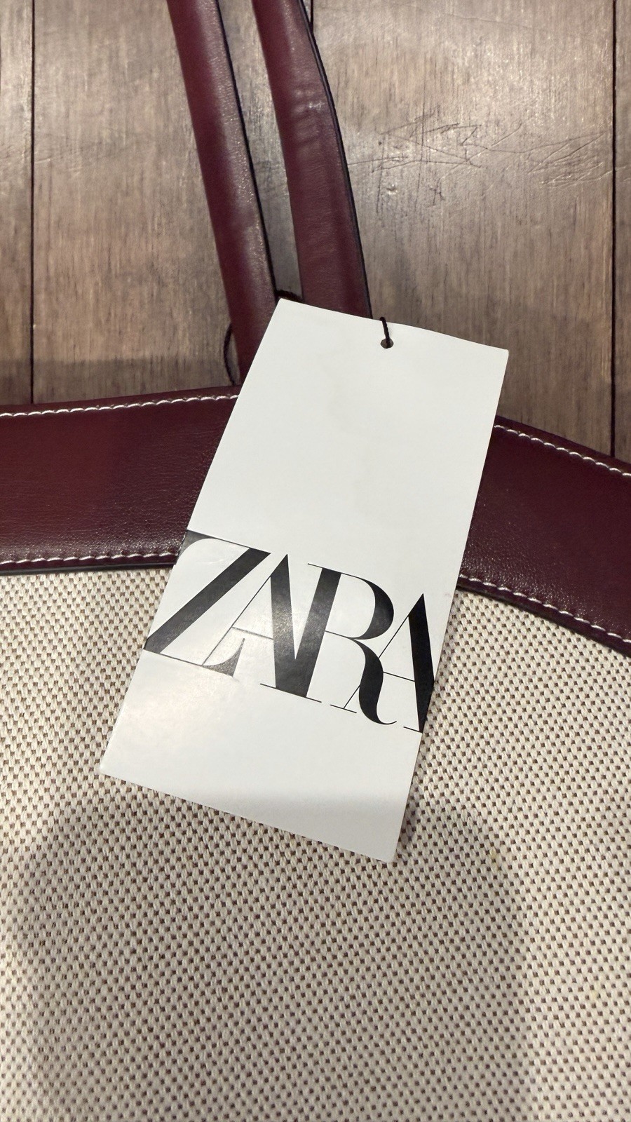 ZARA Canvas Tote Bag Burgundy Cream Large Shoulder Shopper NWT
