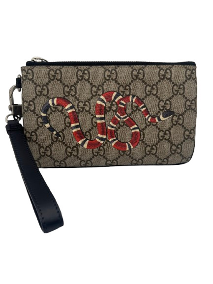 Gucci Kingsnake GG Supreme Wristlet Pouch Beige Ebony Clutch