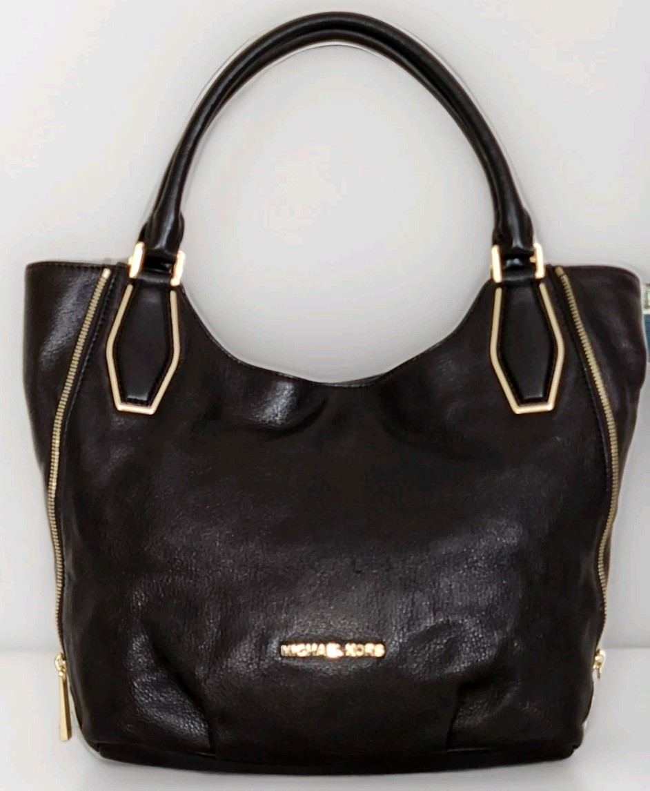 🌞MICHAEL KORS VANESSA COFFEE BROWN LEATHER GOLD SIDE ZIPPERS TOTE BAG 🌺NWT!