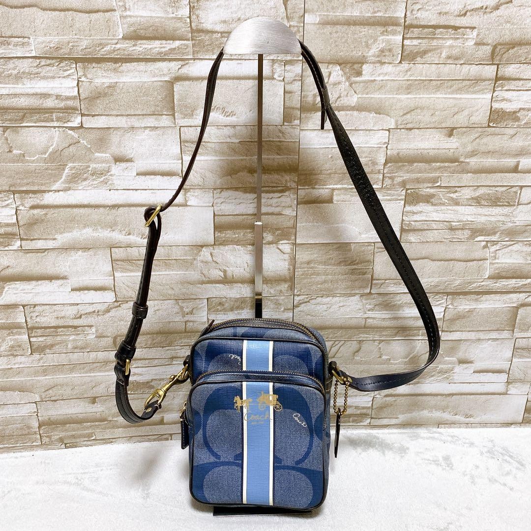 Coach Shoulder Bag Signature Stripe Denim Style Blue