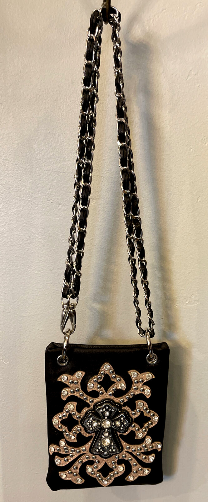 Black Faux Leather Studded Crossbody Purse Rhinestone Cross Biker New!