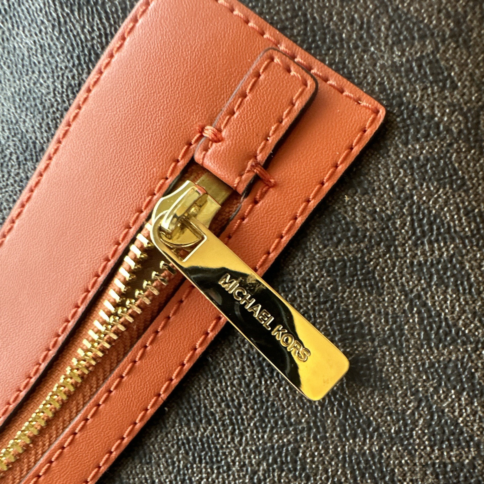 Michael Kors Brown Logo Tote Orange Trim Front Zip Pocket Detachable Strap