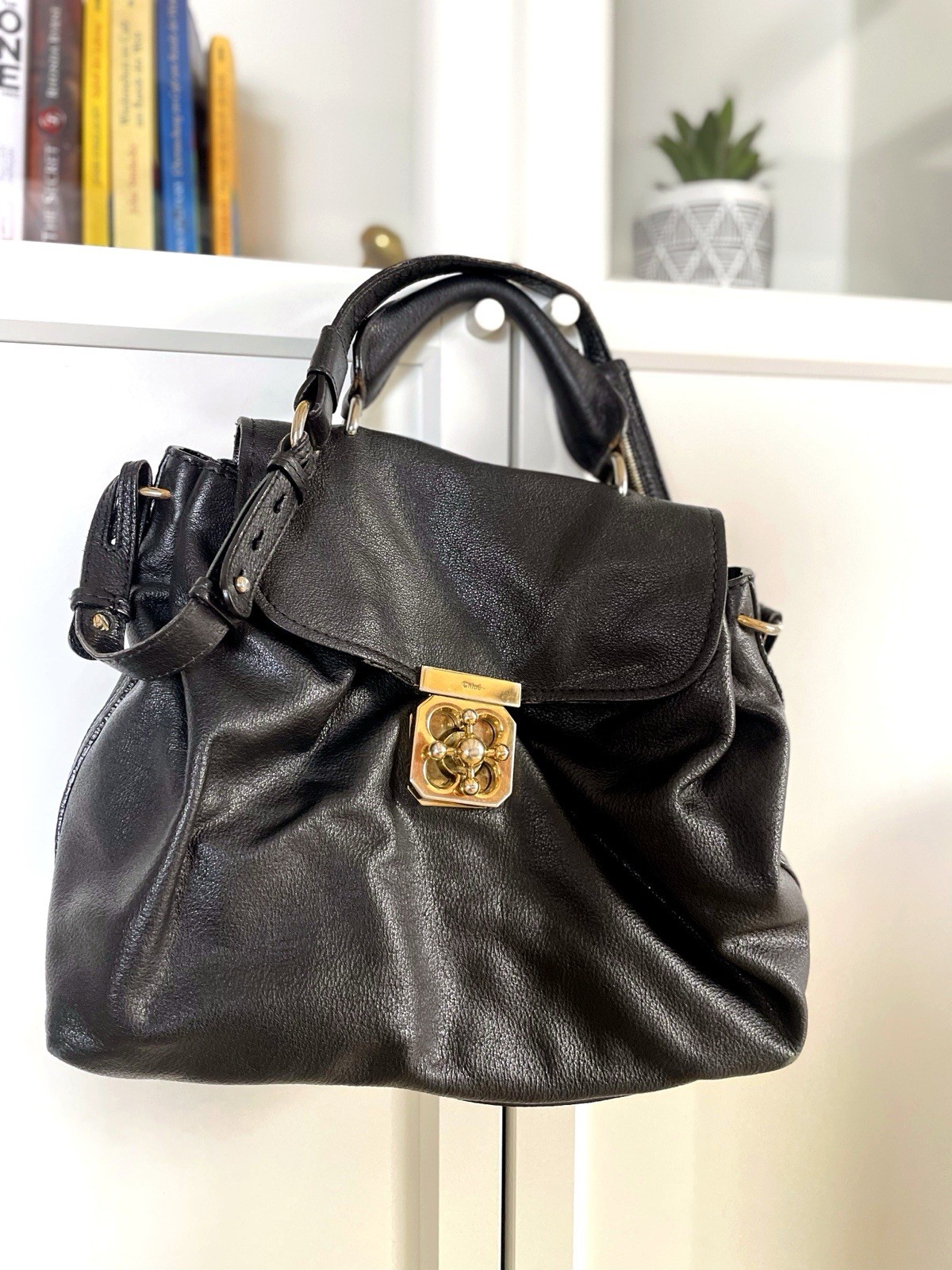 Chloé Elsie Medium Satchel Handbag Black Leather Genuine Vintage