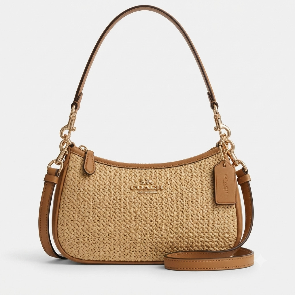 Best Offer COACH CR350 Teri Shoulder Bag Crossbody Straw Leather Latte Outlet