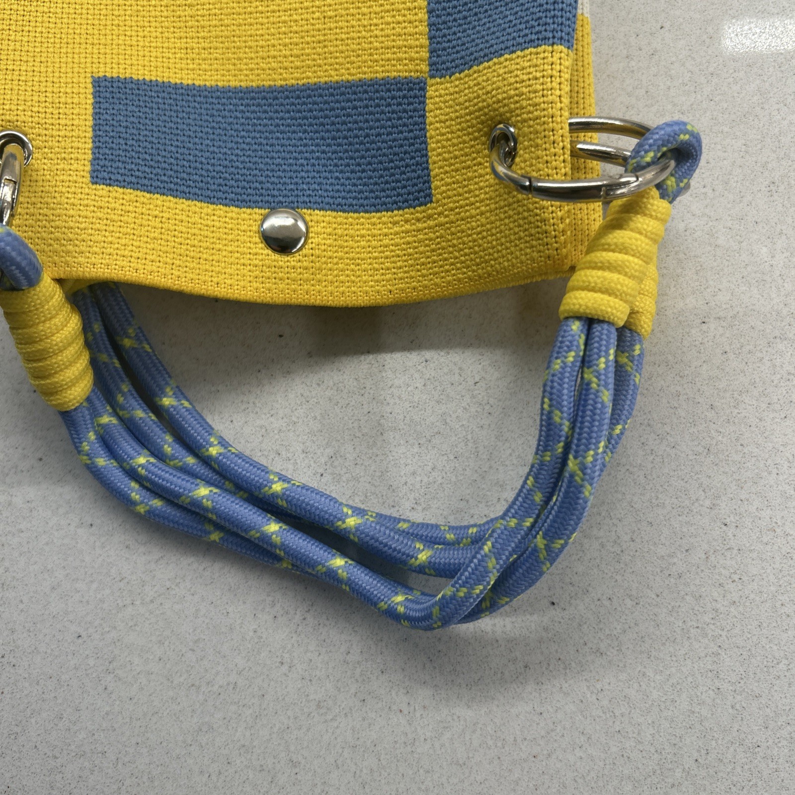 NEW Structured Knit Colorblock Bucket Bag Tote Rope Handle Yellow Blue White