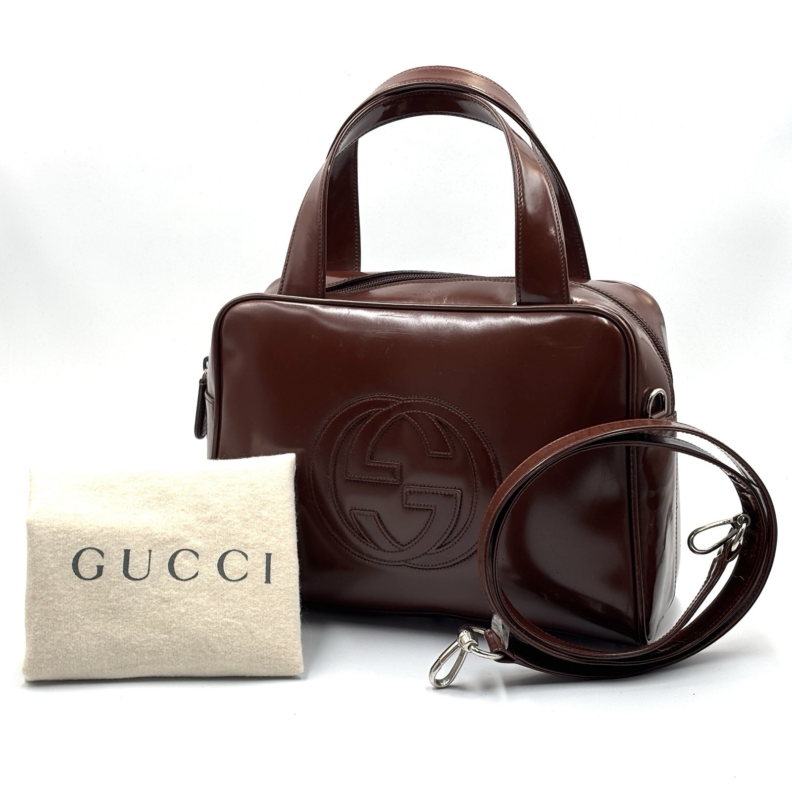 Gucci Handbag Shoulder Bag Patent Leather Interlocking G Brown Authentic