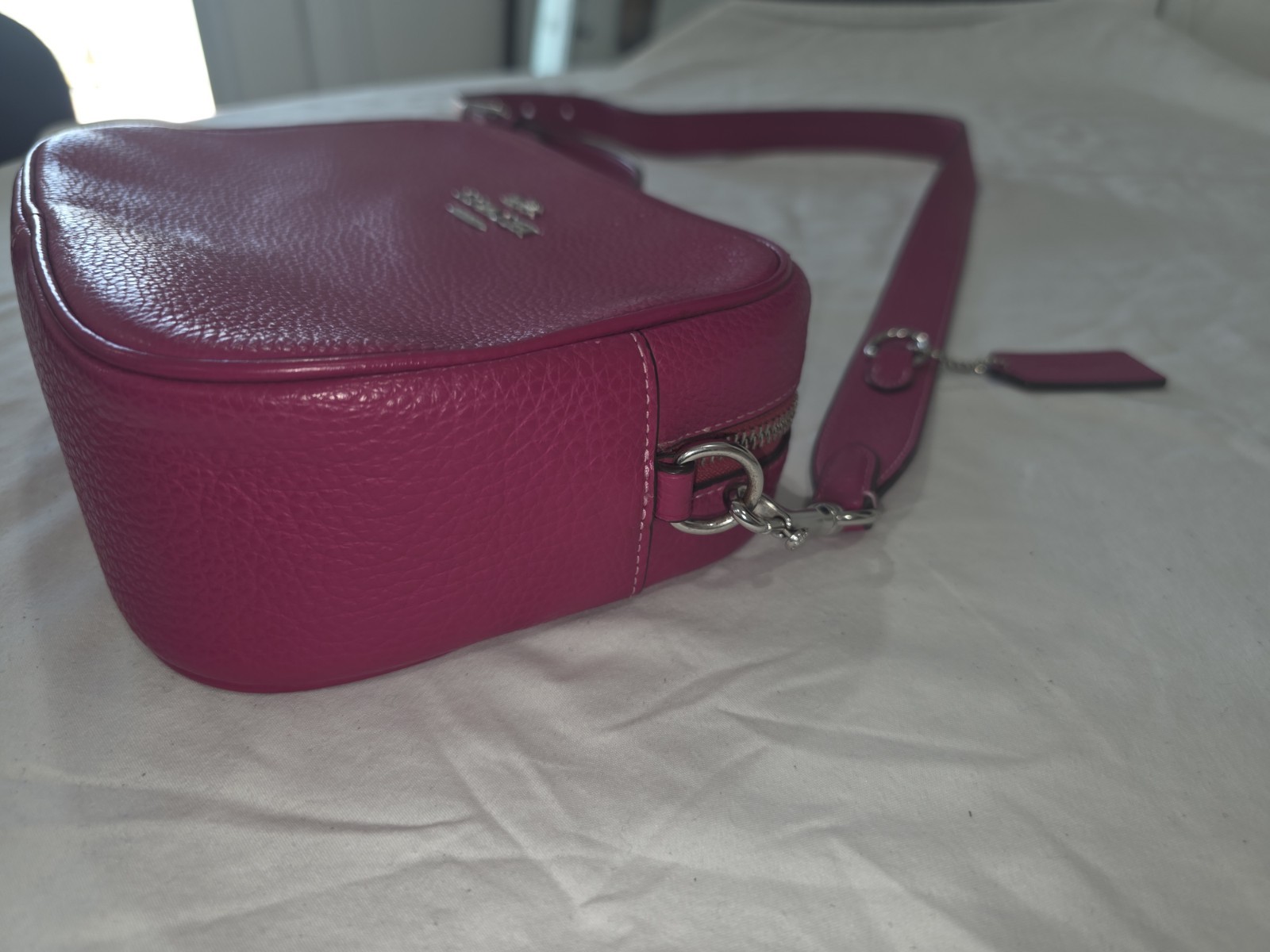 Coach CA207 Fushia Pebble Leather Medium Large Zip Camera Crossbody Bag Jamie