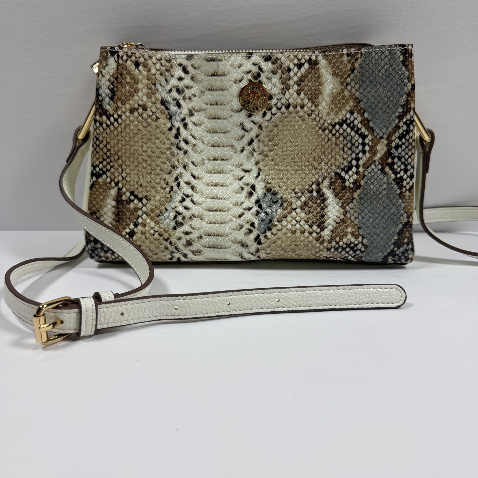 Anne Klein Snakeskin Print Triple Compartment Crossbody Bag Gold Tone Hardware