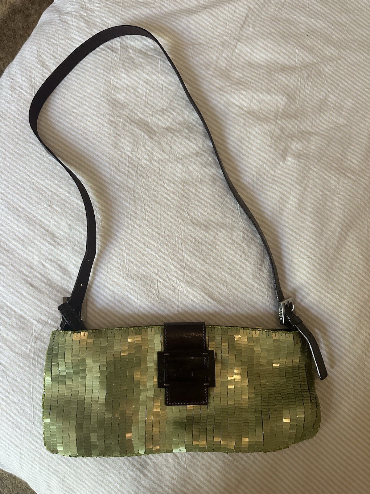 Sequin Fendi Green Metallic Woven Bageutte w/ Crossbody Strap & Dust Bag