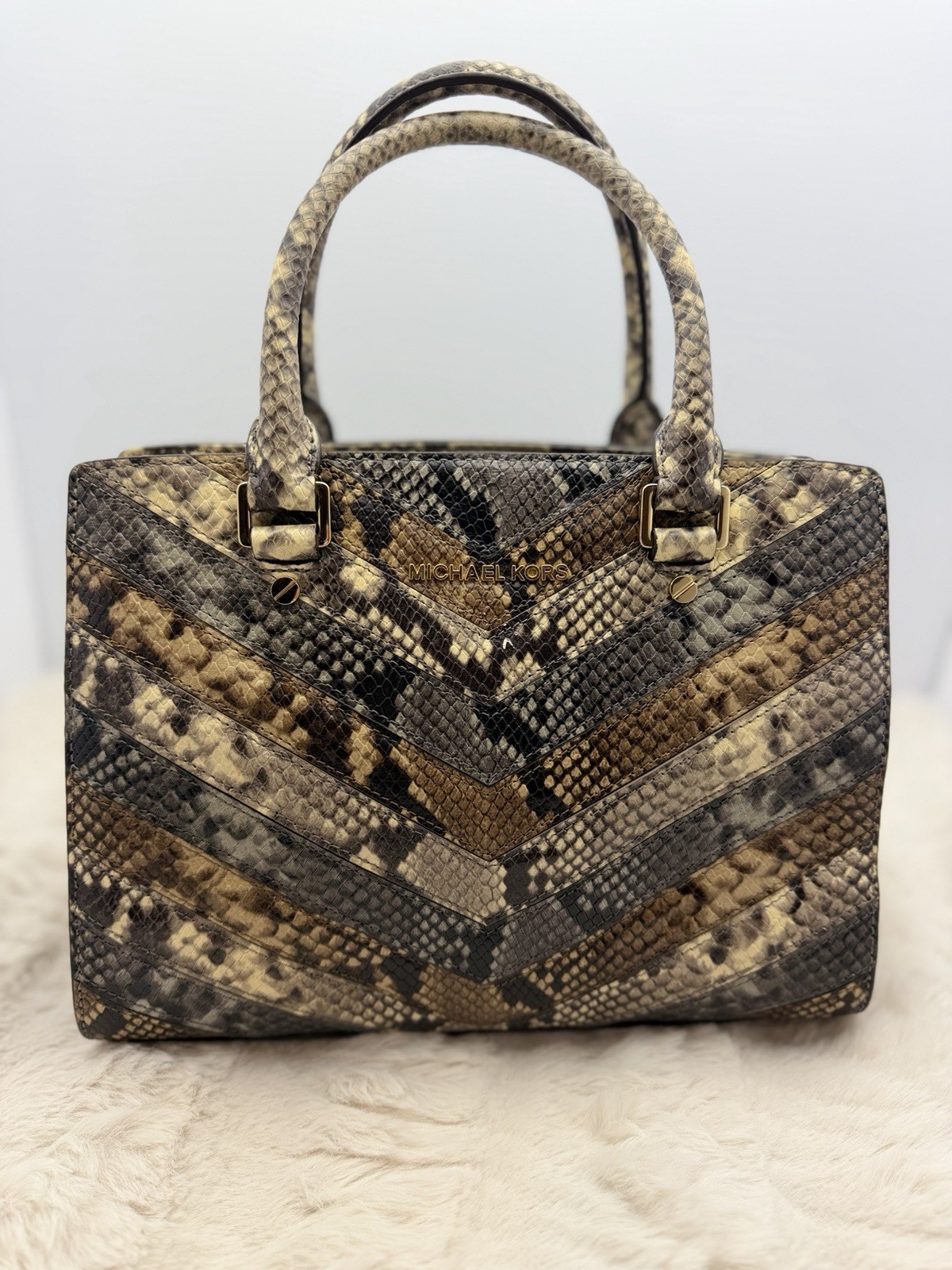 Michael Kors Selma Medium Satchel Python Embossed Leather Brown Chevron Bag
